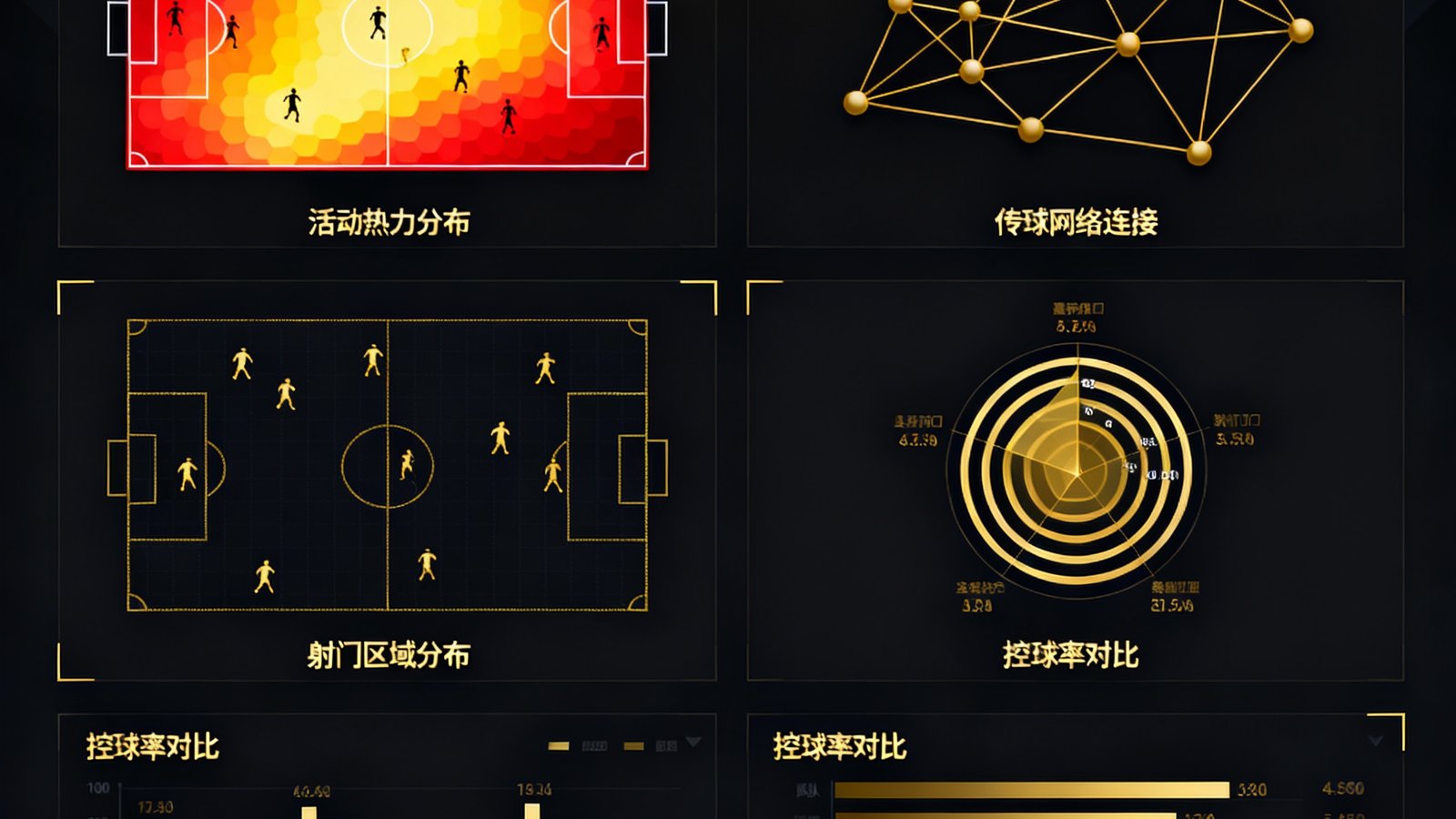 多维度足球数据可视化仪表盘界面截图，包含球场热力图、球员传球网络拓扑图、射门分布雷达图和控球率对比柱状图，深色主题配金色数据高亮，展示深度数据分析能力