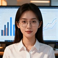 一位年轻女性数据分析师用户头像，戴着眼镜，背景为办公室数据屏幕，展现专业形象
